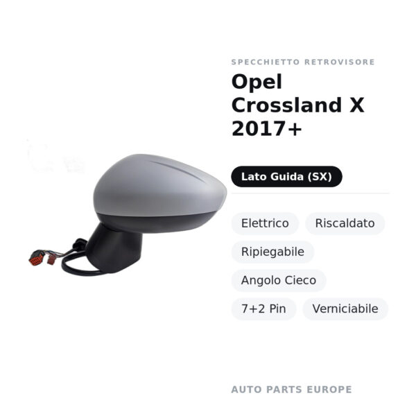 Specchietto Retrovisore Sinistro Opel Crossland X 2017+ – Elettrico, Riscaldato, Ripiegabile, Angolo Cieco, 7+2 Pin