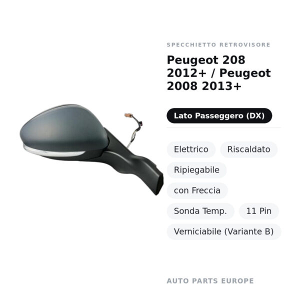 Außenspiegel Rechts Peugeot 208 2012+ / Peugeot 2008 2013+ – Elektrisch, Beheizt, Klappbar, mit Blinker, Temperatursensor