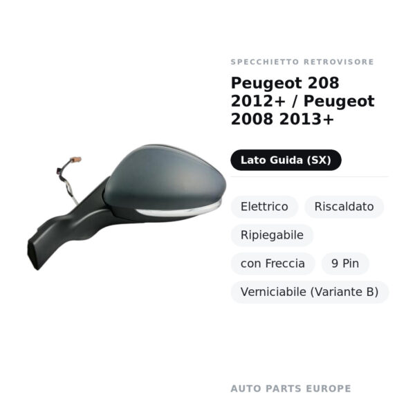Außenspiegel Links Peugeot 208 2012+ / Peugeot 2008 2013+ – Elektrisch, Beheizt, Klappbar, mit Blinker, 9-polig, Lackierbar