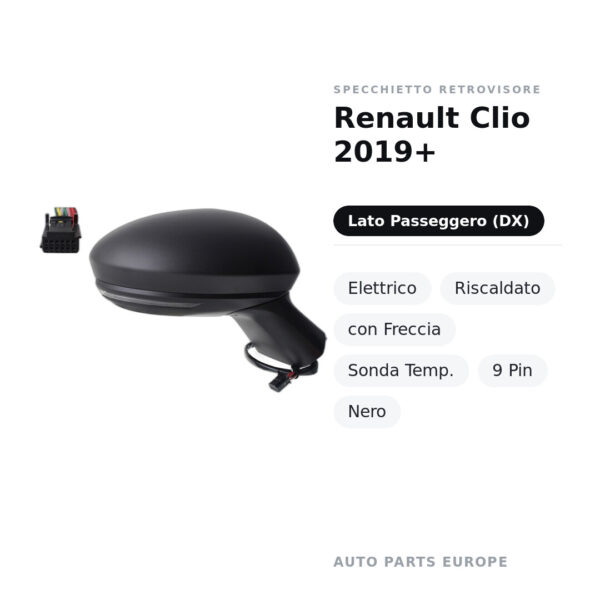 Außenspiegel Rechts Renault Clio 2019+ – Elektrisch, Beheizt, mit Blinker, Temperatursensor, 9-polig, Schwarz – Bild 2