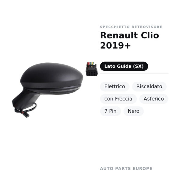 Außenspiegel Links Renault Clio 2019+ – Elektrisch, Beheizt, mit Blinker, Asphärisch, 7-polig, Schwarz – Bild 2