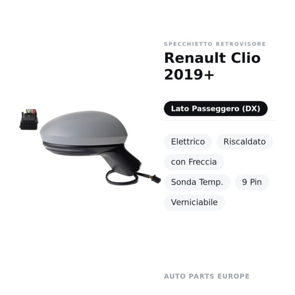 Specchietto Retrovisore Destro Renault Clio 2019+ – Elettrico, Riscaldato, con Freccia, Sonda Temp., 9 Pin, Verniciabile