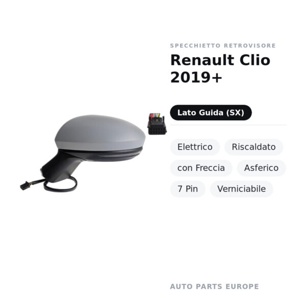 Specchietto Retrovisore Sinistro Renault Clio 2019+ – Elettrico, Riscaldato, con Freccia, Asferico, 7 Pin, Verniciabile