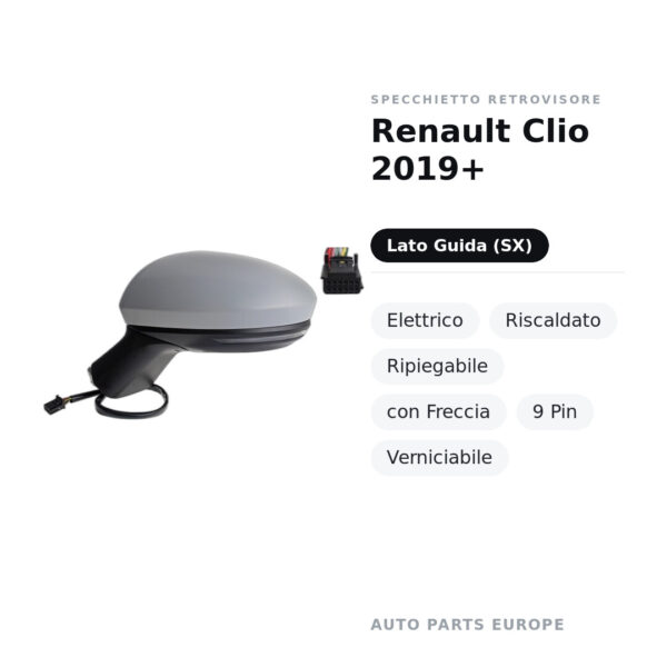 Specchietto Retrovisore Sinistro Renault Clio 2019+ – Elettrico, Riscaldato, Ripiegabile, con Freccia, 9 Pin, Verniciabile