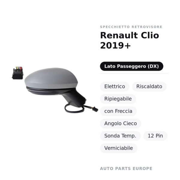 Specchietto Retrovisore Destro Renault Clio 2019+ – Elettrico, Riscaldato, Ripiegabile, con Freccia, Angolo Cieco, Sonda