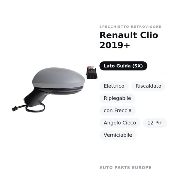 Außenspiegel Links Renault Clio 2019+ – Elektrisch, Beheizt, Klappbar, mit Blinker, Toter Winkel, 12 Pin, Lackierbar – Bild 2