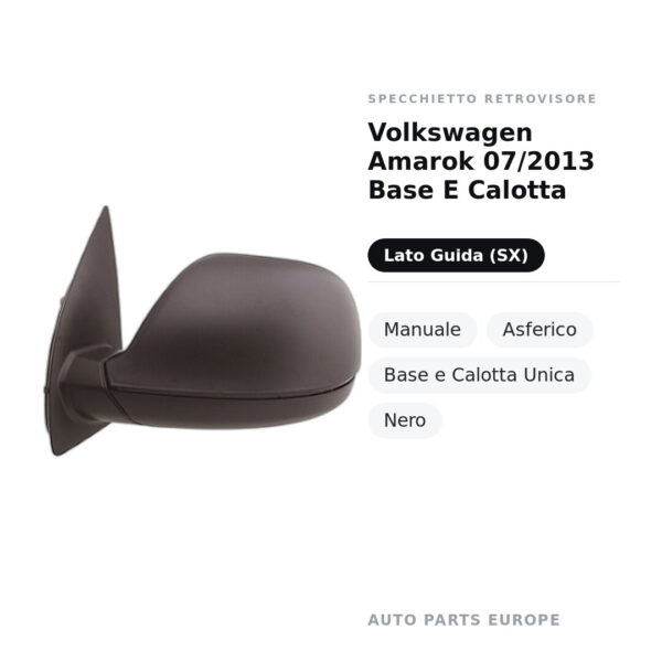 Specchietto Retrovisore Sinistro Volkswagen Amarok 07/2013 Base E Calotta – Manuale, Asferico, Base e Calotta Unica, Nero