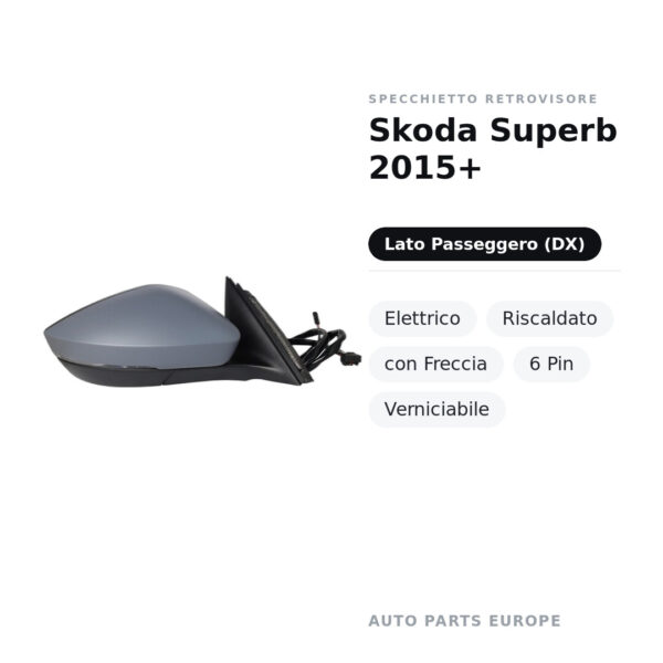 Specchietto Retrovisore Destro Skoda Superb 2015+ – Elettrico, Riscaldato, con Freccia, 6 Pin, Verniciabile – foto 2