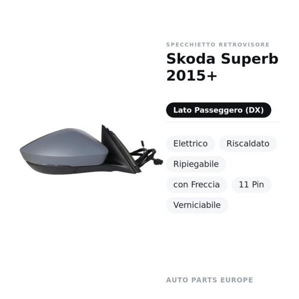 Specchietto Retrovisore Destro Skoda Superb 2015+ – Elettrico, Riscaldato, Ripiegabile, con Freccia, 11 Pin, Verniciabile