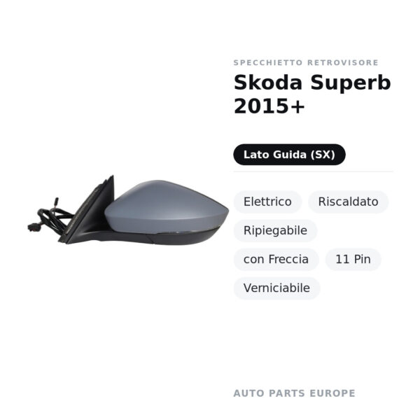 Specchietto Retrovisore Sinistro Skoda Superb 2015+ – Elettrico, Riscaldato, Ripiegabile, con Freccia, 11 Pin, Verniciabile