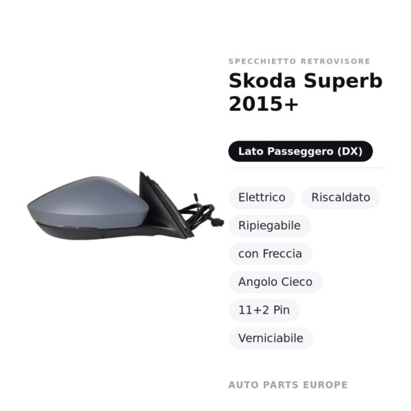 Specchietto Retrovisore Destro Skoda Superb 2015+ – Elettrico, Riscaldato, Ripiegabile, con Freccia, Angolo Cieco, 11+2 Pin