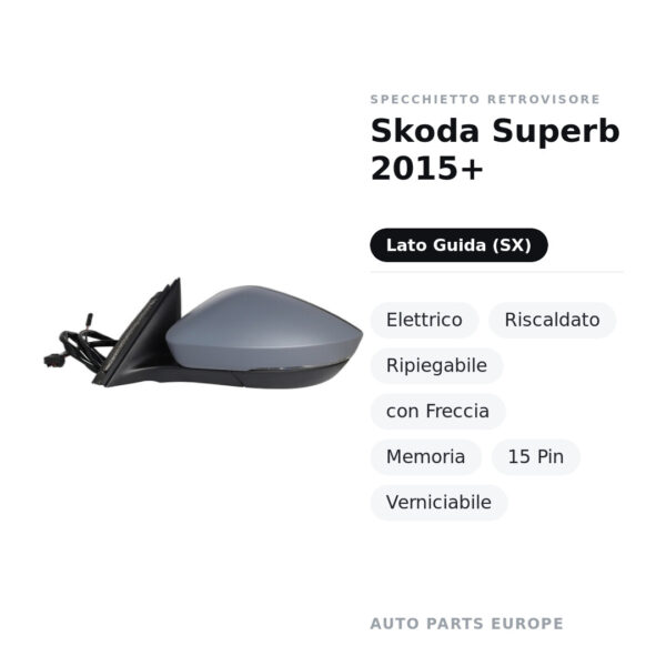 Specchietto Retrovisore Sinistro Skoda Superb 2015+ – Elettrico, Riscaldato, Ripiegabile, con Freccia, Memoria, 15 Pin