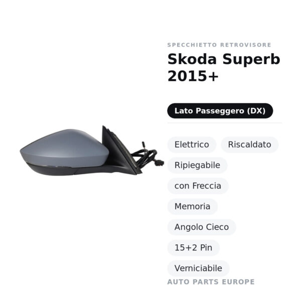 Specchietto Retrovisore Destro Skoda Superb 2015+ – Elettrico, Riscaldato, Ripiegabile, con Freccia, Memoria, Angolo Cieco