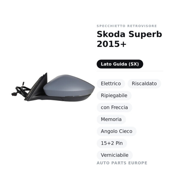 Außenspiegel Links Skoda Superb 2015+ – Elektrisch, Beheizt, Klappbar, mit Blinker, Memory, Totwinkel, 15+2 Pin, Lackierbar