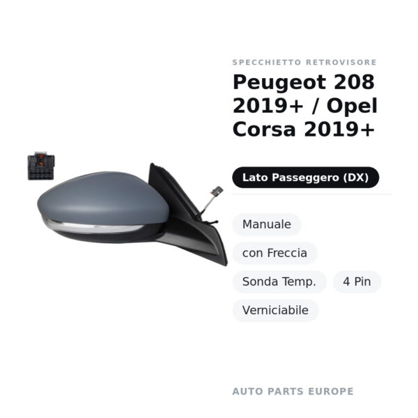 Specchietto Retrovisore Destro Peugeot 208 2019+ / Opel Corsa 2019+ – Manuale, con Freccia, Sonda Temp., 4 Pin, Verniciabile