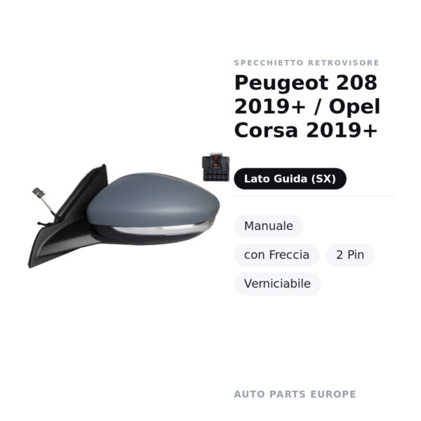 Außenspiegel Links Peugeot 208 2019+ / Opel Corsa 2019+ – Manuell, mit Blinkleuchte, 2-polig, Lackierbar – Bild 2