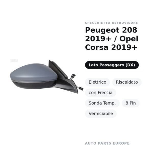 Außenspiegel Rechts Peugeot 208 2019+ / Opel Corsa 2019+ – Elektrisch, Beheizt, mit Blinkleuchte, Temperatursensor, 8-polig