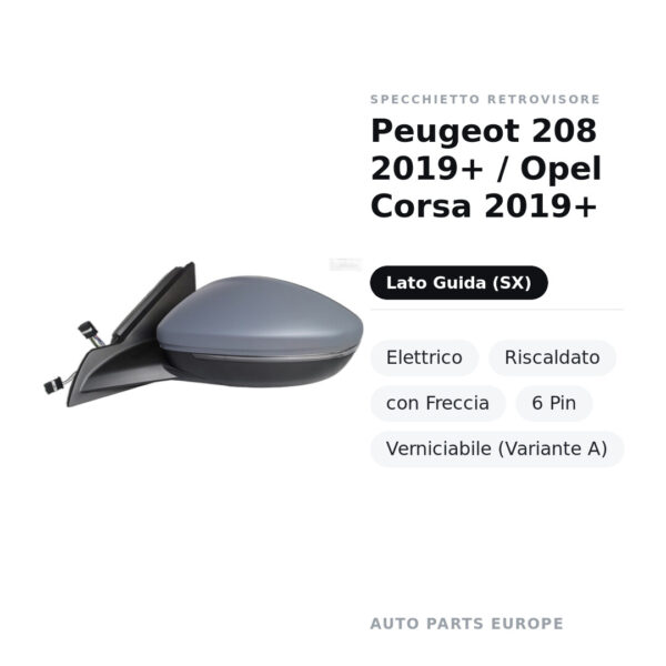 Außenspiegel Links Peugeot 208 2019+ / Opel Corsa 2019+ – Elektrisch, Beheizt, mit Blinkleuchte, 6 Pin, Lackierbar (Variante