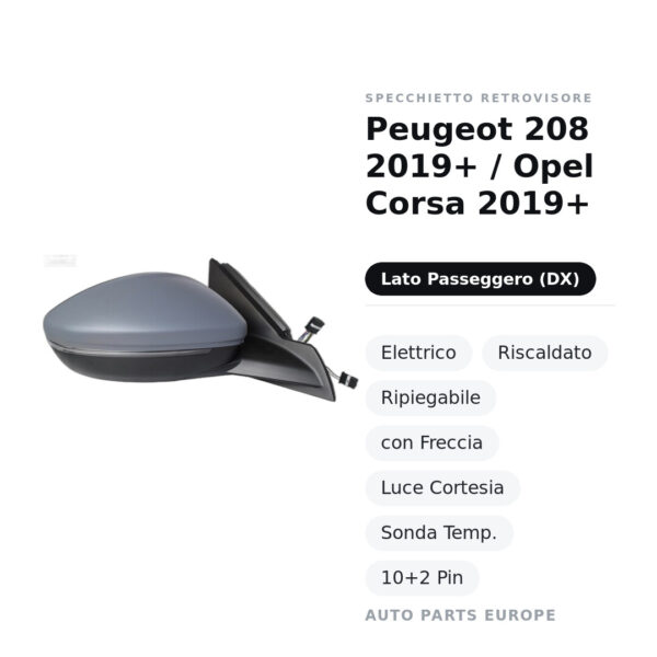 Außenspiegel Rechts Peugeot 208 2019+ / Opel Corsa 2019+ – Elektrisch, Beheizt, Klappbar, mit Blinker, Abblendlicht