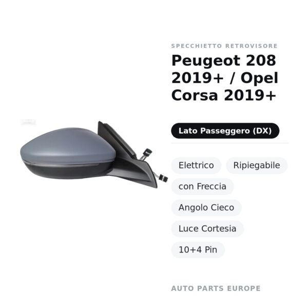 Specchietto Retrovisore Destro Peugeot 208 2019+ / Opel Corsa 2019+ – Elettrico, Ripiegabile, con Freccia, Angolo Cieco