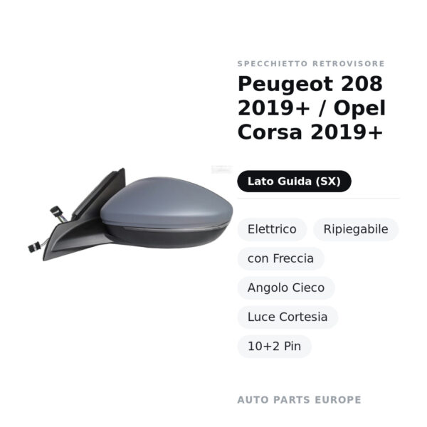 Specchietto Retrovisore Sinistro Peugeot 208 2019+ / Opel Corsa 2019+ – Elettrico, Ripiegabile, con Freccia, Angolo Cieco