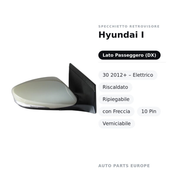 Specchietto Retrovisore Destro Hyundai I-30 2012+ – Elettrico, Riscaldato, Ripiegabile, con Freccia, 10 Pin, Verniciabile