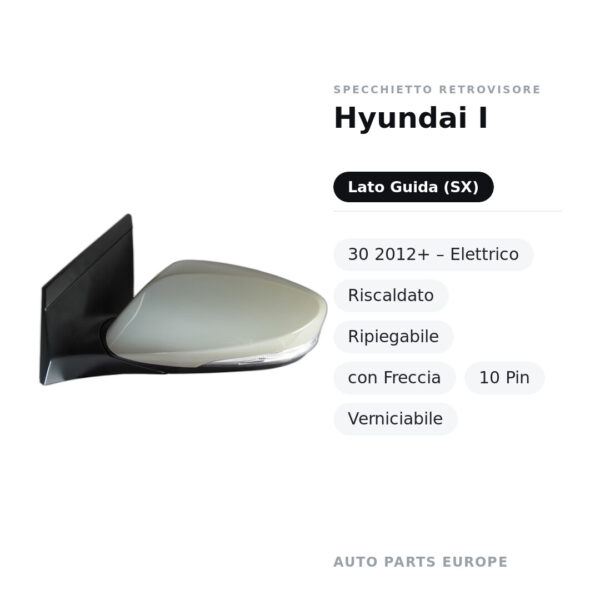 Specchietto Retrovisore Sinistro Hyundai I-30 2012+ – Elettrico, Riscaldato, Ripiegabile, con Freccia, 10 Pin, Verniciabile