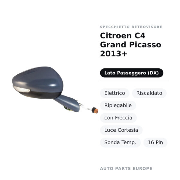 Specchietto Retrovisore Destro Citroen C4 Grand Picasso 2013+ – Elettrico, Riscaldato, Ripiegabile, con Freccia, Luce