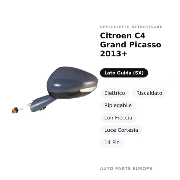 Specchietto Retrovisore Sinistro Citroen C4 Grand Picasso 2013+ – Elettrico, Riscaldato, Ripiegabile, con Freccia, Luce