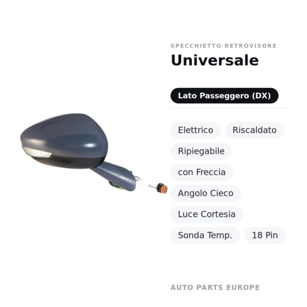 Specchietto Retrovisore Destro Universale – Elettrico, Riscaldato, Ripiegabile, con Freccia, Angolo Cieco, Luce Cortesia