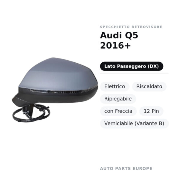Specchietto Retrovisore Destro Audi Q5 2016+ – Elettrico, Riscaldato, Ripiegabile, con Freccia, 12 Pin, Verniciabile
