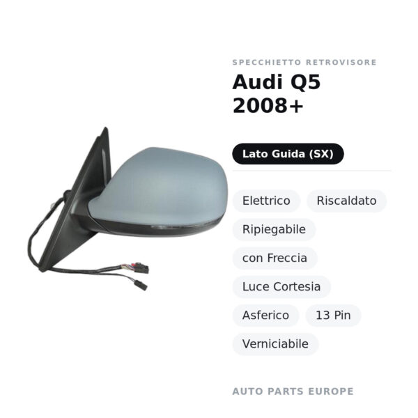 Specchietto Retrovisore Sinistro Audi Q5 2008+ – Elettrico, Riscaldato, Ripiegabile, con Freccia, Luce Cortesia, Asferico