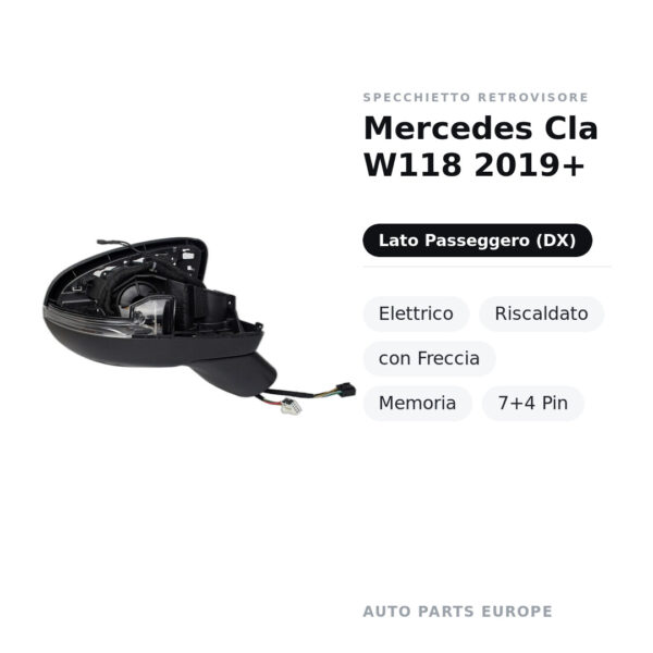 Außenspiegel Rechts Mercedes Cla W118 2019+ – Elektrisch, Beheizt, mit Blinker, Memory, 7+4 Pin – Bild 3