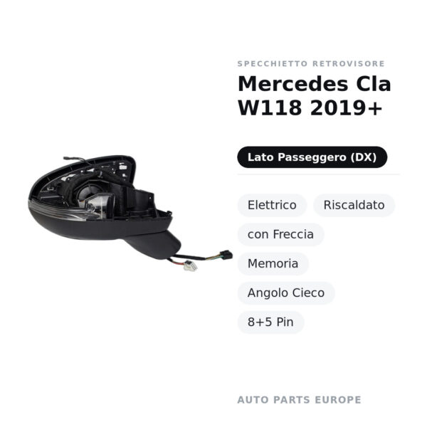Specchietto Retrovisore Destro Mercedes Cla W118 2019+ – Elettrico, Riscaldato, con Freccia, Memoria, Angolo Cieco, 8+5 Pin