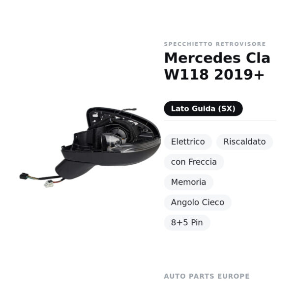 Specchietto Retrovisore Sinistro Mercedes Cla W118 2019+ – Elettrico, Riscaldato, con Freccia, Memoria, Angolo Cieco, 8+5