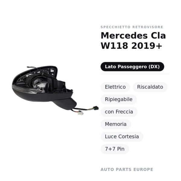 Specchietto Retrovisore Destro Mercedes Cla W118 2019+ – Elettrico, Riscaldato, Ripiegabile, con Freccia, Memoria, Luce