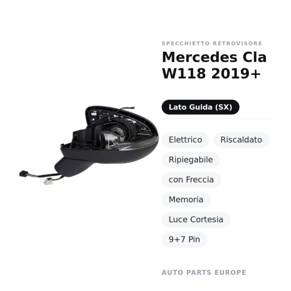 Specchietto Retrovisore Sinistro Mercedes Cla W118 2019+ – Elettrico, Riscaldato, Ripiegabile, con Freccia, Memoria, Luce