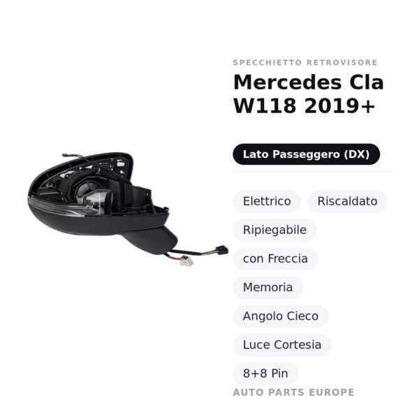 Specchietto Retrovisore Destro Mercedes Cla W118 2019+ – Elettrico, Riscaldato, Ripiegabile, con Freccia, Memoria, Angolo