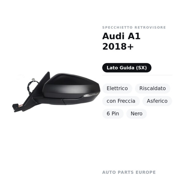 Specchietto Retrovisore Sinistro Audi A1 2018+ – Elettrico, Riscaldato, con Freccia, Asferico, 6 Pin, Nero – foto 2