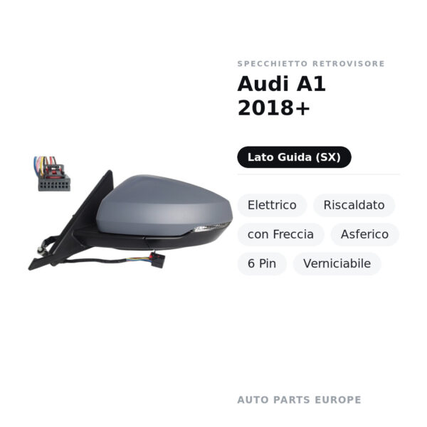 Specchietto Retrovisore Sinistro Audi A1 2018+ – Elettrico, Riscaldato, con Freccia, Asferico, 6 Pin, Verniciabile – foto 2
