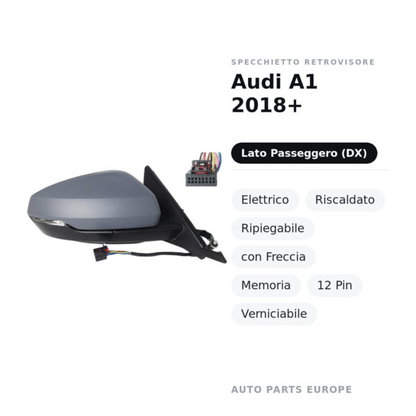 Specchietto Retrovisore Destro Audi A1 2018+ – Elettrico, Riscaldato, Ripiegabile, con Freccia, Memoria, 12 Pin