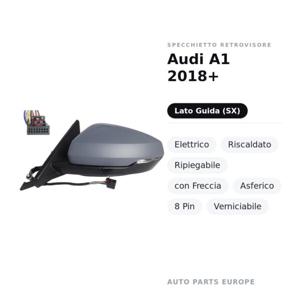 Specchietto Retrovisore Sinistro Audi A1 2018+ – Elettrico, Riscaldato, Ripiegabile, con Freccia, Asferico, 8 Pin