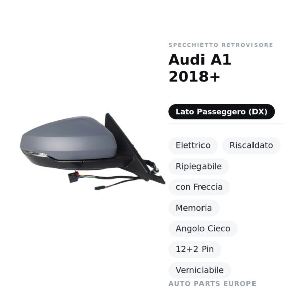 Specchietto Retrovisore Destro Audi A1 2018+ – Elettrico, Riscaldato, Ripiegabile, con Freccia, Memoria, Angolo Cieco, 12+2