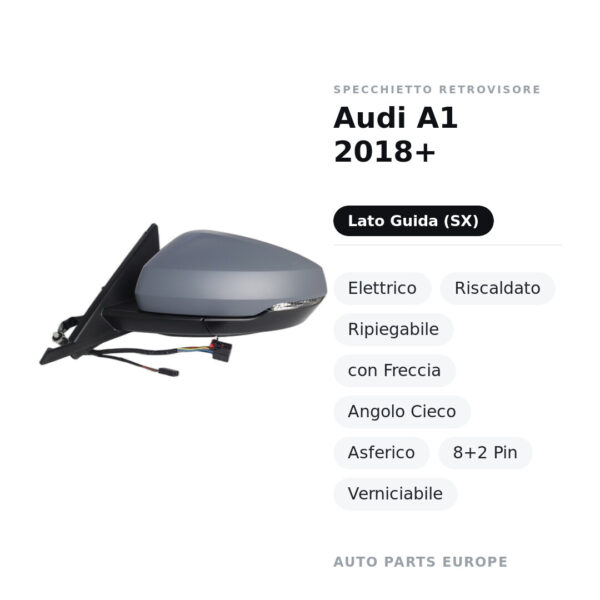 Specchietto Retrovisore Sinistro Audi A1 2018+ – Elettrico, Riscaldato, Ripiegabile, con Freccia, Angolo Cieco, Asferico