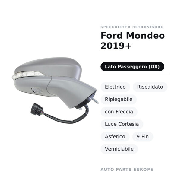 Specchietto Retrovisore Destro Ford Mondeo 2019+ – Elettrico, Riscaldato, Ripiegabile, con Freccia, Luce Cortesia, Asferico