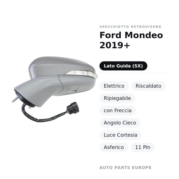 Specchietto Retrovisore Sinistro Ford Mondeo 2019+ – Elettrico, Riscaldato, Ripiegabile, con Freccia, Angolo Cieco, Luce