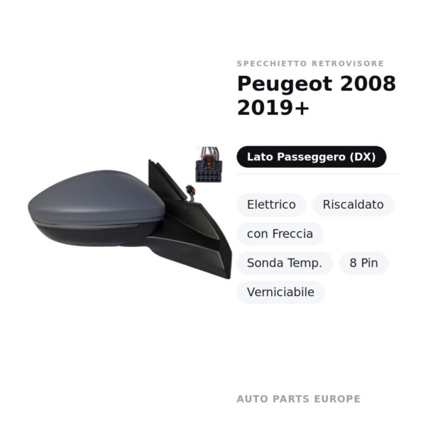 Außenspiegel Rechts Peugeot 2008 2019+ – Elektrisch, beheizt, mit Blinker, Temperatursensor, 8-polig, lackierbar – Bild 3