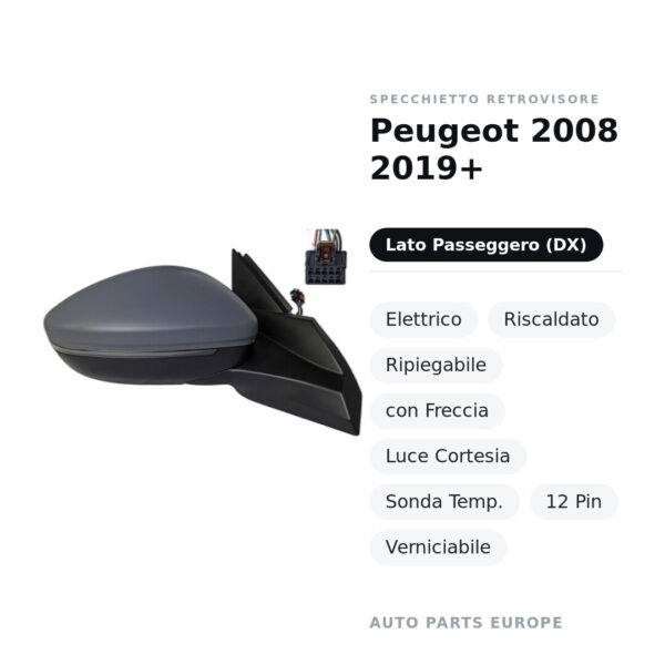 Außenspiegel Rechts Peugeot 2008 2019+ – Elektrisch, Beheizt, Klappbar, mit Blinker, Umgebungslicht, Temperatursensor