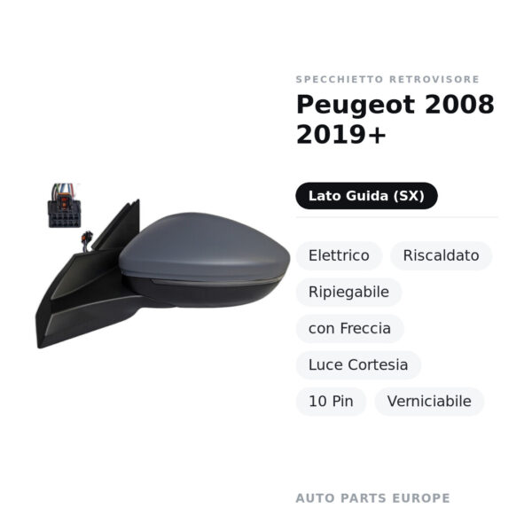Außenspiegel Links Peugeot 2008 2019+ – Elektrisch, Beheizt, Klappbar, mit Blinker, Umgebungslicht, 10-polig, Lackierbar