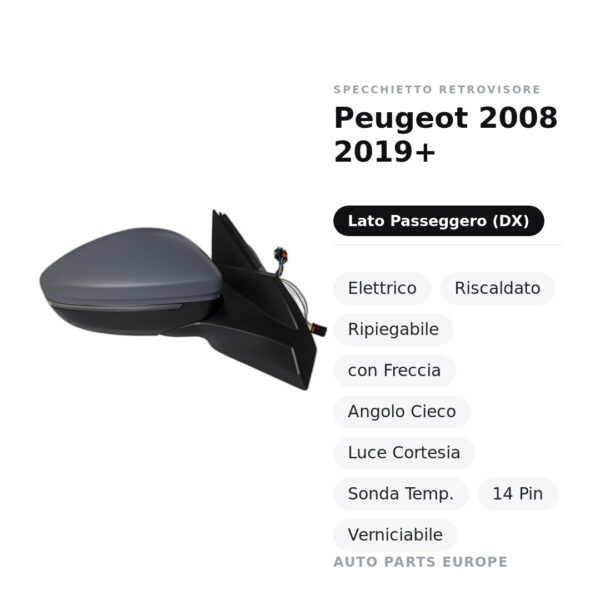 Specchietto Retrovisore Destro Peugeot 2008 2019+ – Elettrico, Riscaldato, Ripiegabile, con Freccia, Angolo Cieco, Luce